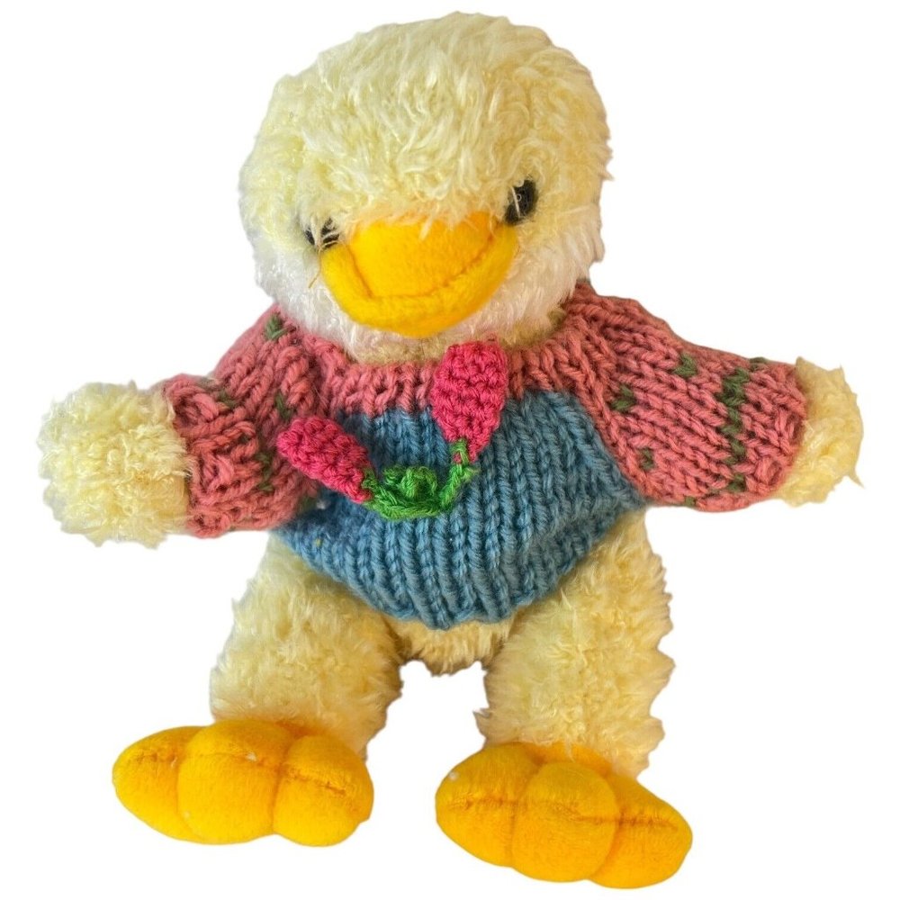 1997 Chrisha Playful Plush Duck In Knit Sweater 8 Inch Easter Stuffed Animal Toy
